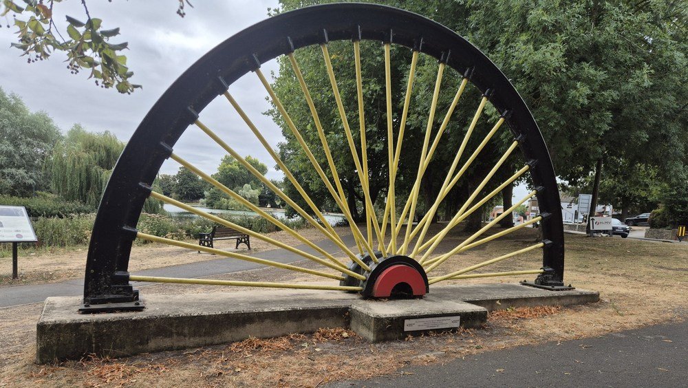 Historic mining wheel beside Askern Lake in Doncaster
